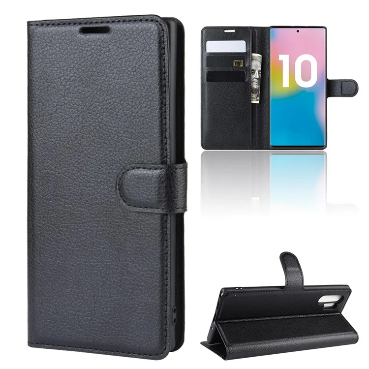 Litchi Texture Wallet Leather Phone Cover for Samsung Galaxy Note 10 Plus / Note 10 Plus 5G - Black-Cellmalls