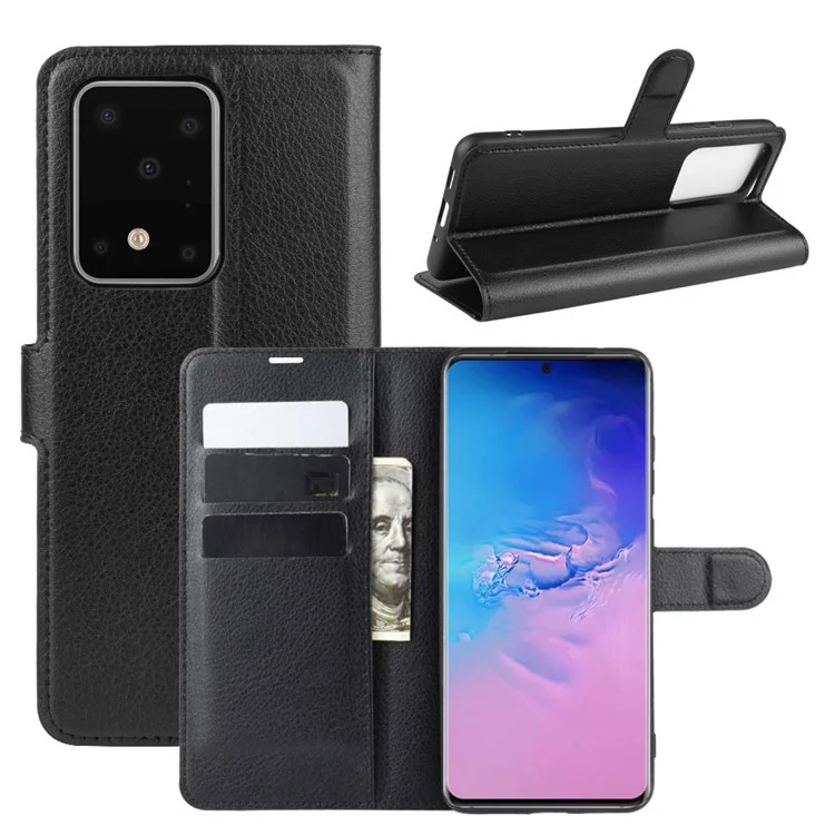 Litchi Skin Wallet Leather Stand Case for Samsung Galaxy S20 Ultra - Black-Cellmalls
