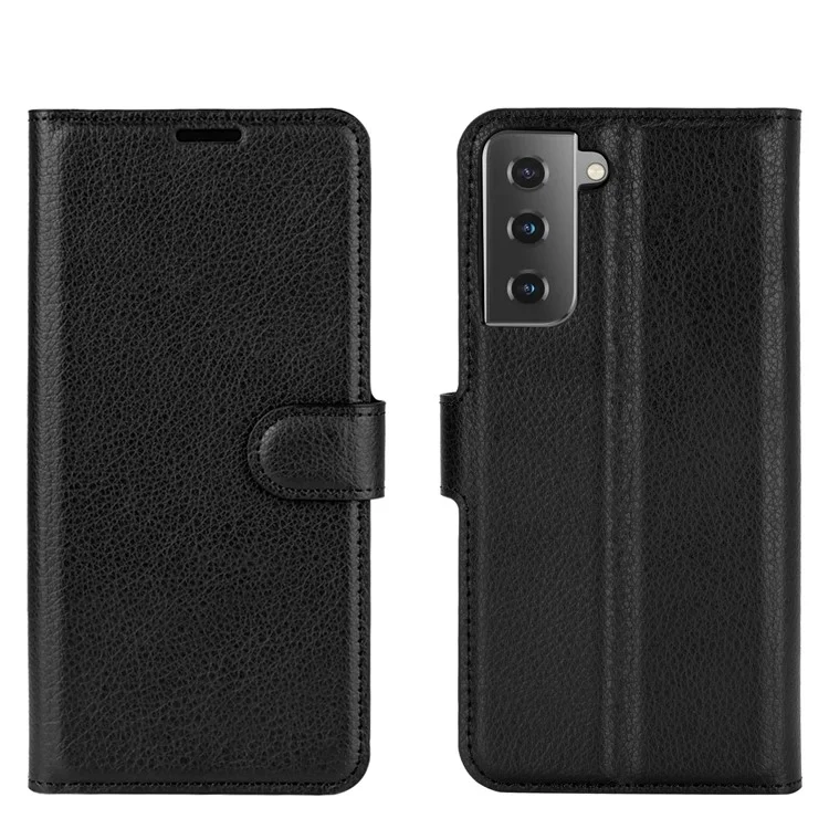 Litchi Texture Leather Phone Protective Cover with Wallet Stand Design for Samsung Galaxy S21+ 5G - Black-Cellmalls