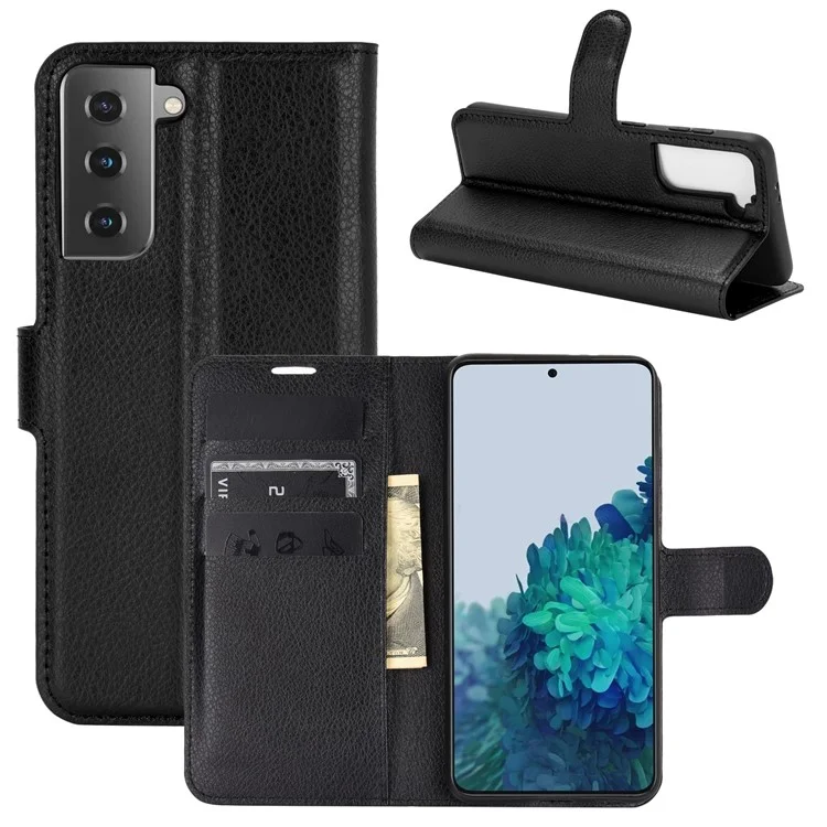 Litchi Texture Leather Phone Protective Cover with Wallet Stand Design for Samsung Galaxy S21+ 5G - Black-Cellmalls