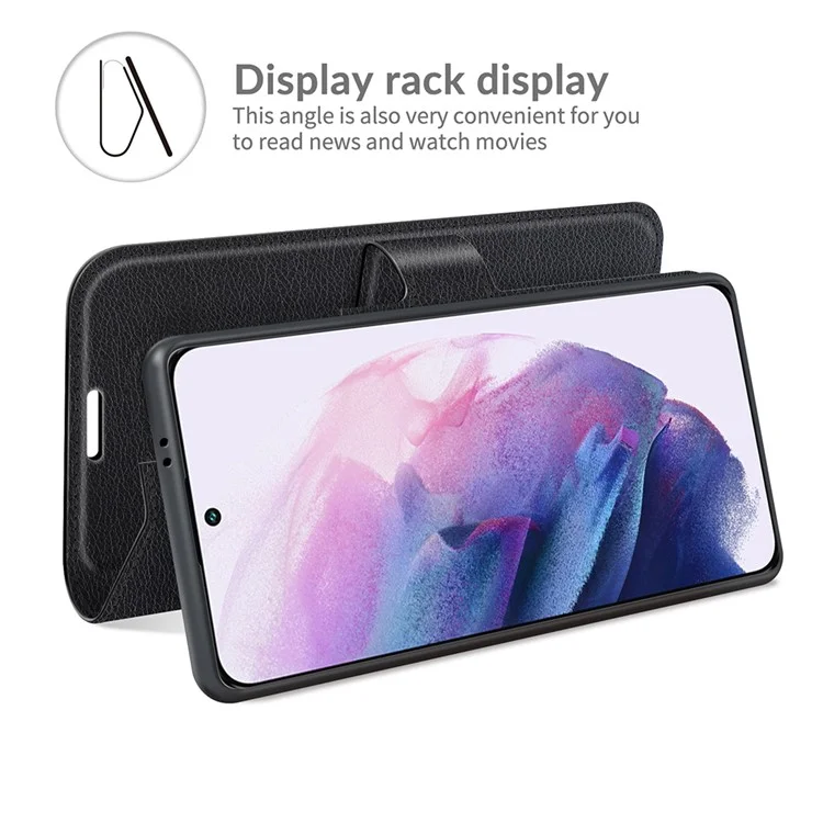 Shockproof Litchi Texture PU Leather Wallet Case Magnetic Closure Protective Stand Flip Phone Cover for Samsung Galaxy S22 5G - Black-Cellmalls