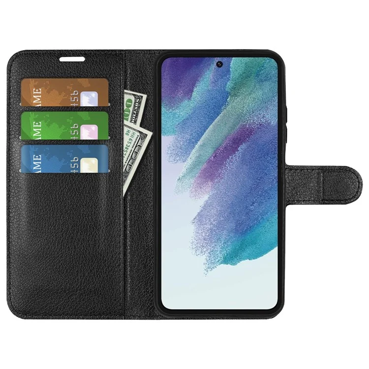 Wallet Design Litchi Texture Leather Phone Case Folio Flip Cover with Stand for Samsung Galaxy S21 FE - Black-Cellmalls