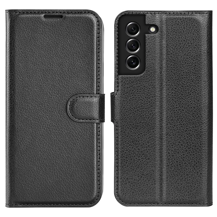 Wallet Design Litchi Texture Leather Phone Case Folio Flip Cover with Stand for Samsung Galaxy S21 FE - Black-Cellmalls