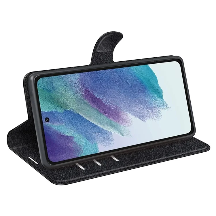 Wallet Design Litchi Texture Leather Phone Case Folio Flip Cover with Stand for Samsung Galaxy S21 FE - Black-Cellmalls