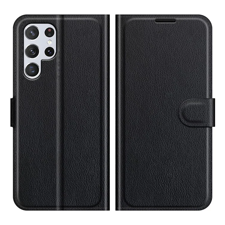 Non-slip Grip Litchi Texture Magnetic Closure PU Leather Stand Case Wallet Phone Cover for Samsung Galaxy S22 Ultra 5G - Black-Cellmalls