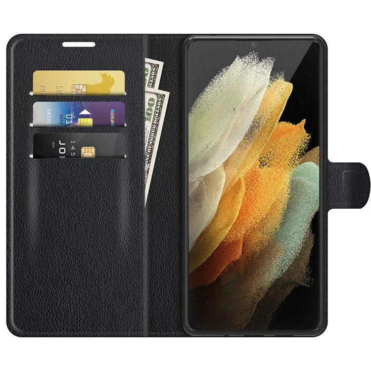 Non-slip Grip Litchi Texture Magnetic Closure PU Leather Stand Case Wallet Phone Cover for Samsung Galaxy S22 Ultra 5G - Black-Cellmalls