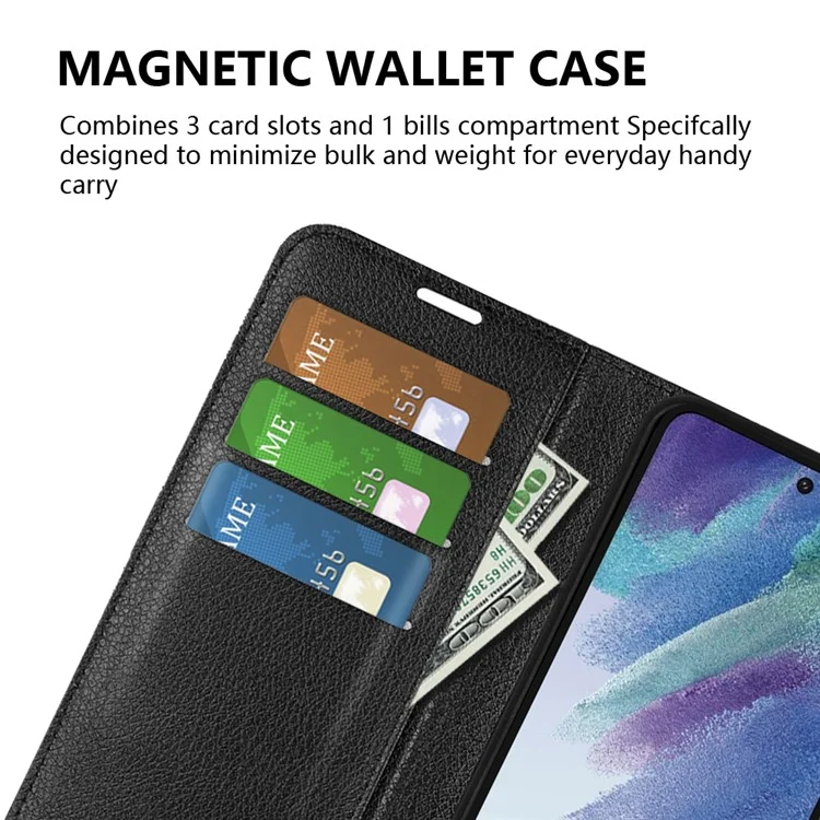 Wallet Design Litchi Texture Leather Phone Case Folio Flip Cover with Stand for Samsung Galaxy S21 FE - Black-Cellmalls