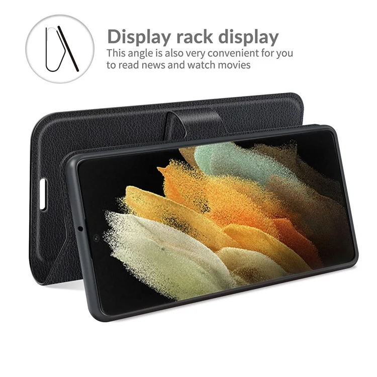 Non-slip Grip Litchi Texture Magnetic Closure PU Leather Stand Case Wallet Phone Cover for Samsung Galaxy S22 Ultra 5G - Black-Cellmalls