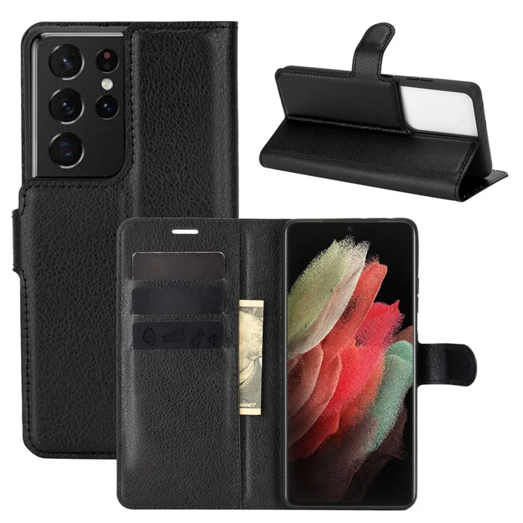 Litchi Texture Leather Phone Protective Cover with Wallet Stand Design for Samsung Galaxy S21 Ultra 5G - Black-Cellmalls