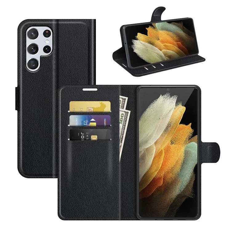 Non-slip Grip Litchi Texture Magnetic Closure PU Leather Stand Case Wallet Phone Cover for Samsung Galaxy S22 Ultra 5G - Black-Cellmalls