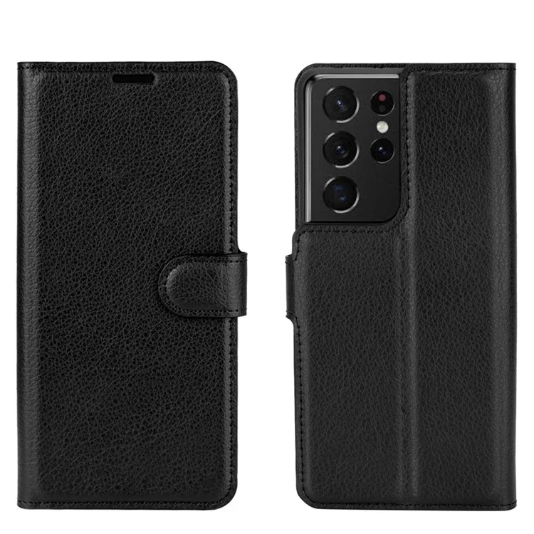 Litchi Texture Leather Phone Protective Cover with Wallet Stand Design for Samsung Galaxy S21 Ultra 5G - Black-Cellmalls