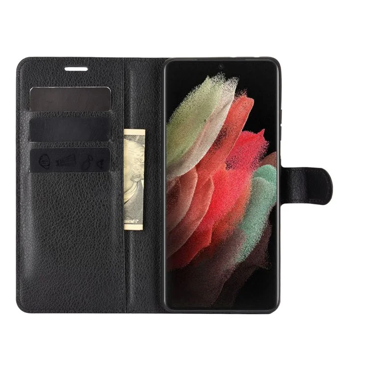 Litchi Texture Leather Phone Protective Cover with Wallet Stand Design for Samsung Galaxy S21 Ultra 5G - Black-Cellmalls