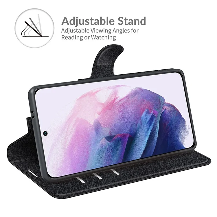 Quality PU Leather Wallet Case Litchi Texture Magnetic Closure Protective Stand Flip Phone Cover for Samsung Galaxy S22+ 5G - Black-Cellmalls