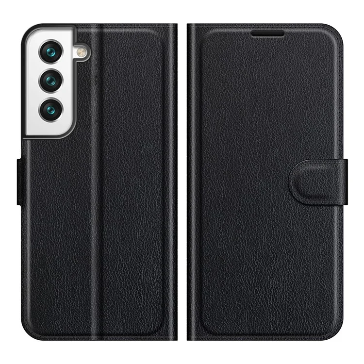 Quality PU Leather Wallet Case Litchi Texture Magnetic Closure Protective Stand Flip Phone Cover for Samsung Galaxy S22+ 5G - Black-Cellmalls