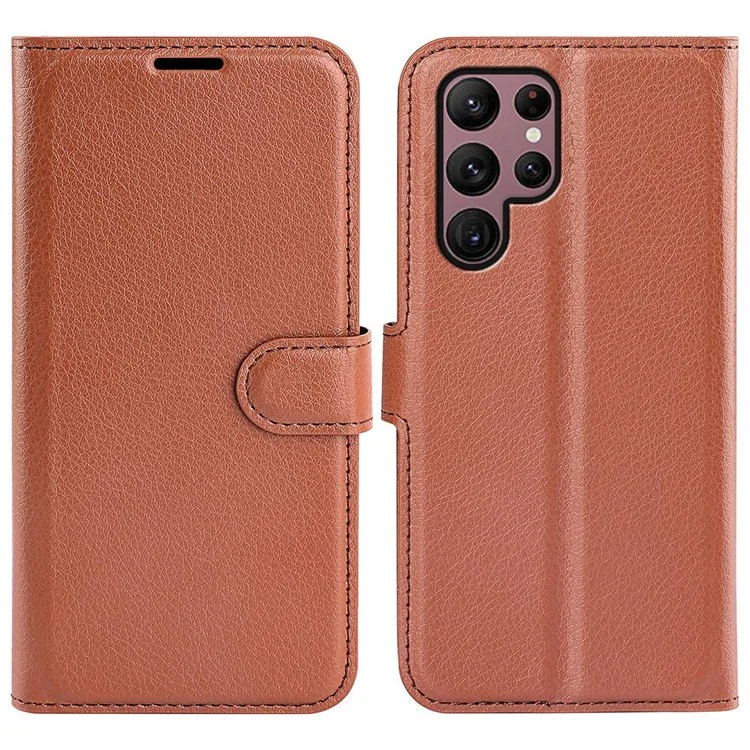 For Samsung Galaxy S23 Ultra Mobile Phone Case Litchi Texture PU Leather Full Protection Flip Stand Wallet Phone Cover - Brown-Cellmalls