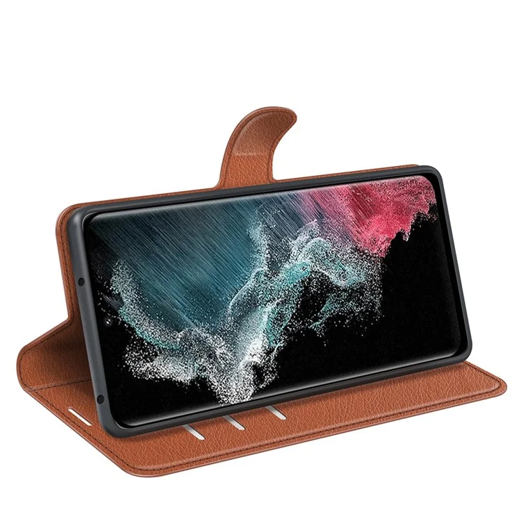 For Samsung Galaxy S23 Ultra Mobile Phone Case Litchi Texture PU Leather Full Protection Flip Stand Wallet Phone Cover - Brown-Cellmalls
