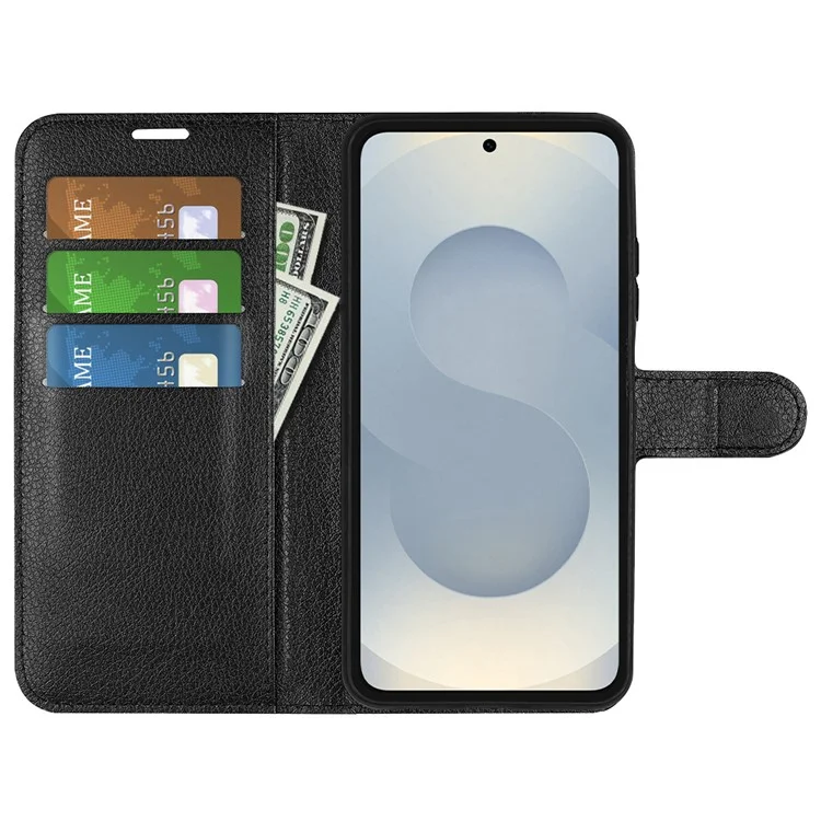 For Samsung Galaxy S25 Edge Case Litchi Texture Shockproof Leather Wallet Phone Cover - Black-Cellmalls
