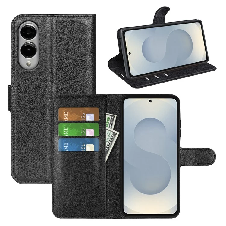 For Samsung Galaxy S25 Edge Case Litchi Texture Shockproof Leather Wallet Phone Cover - Black-Cellmalls