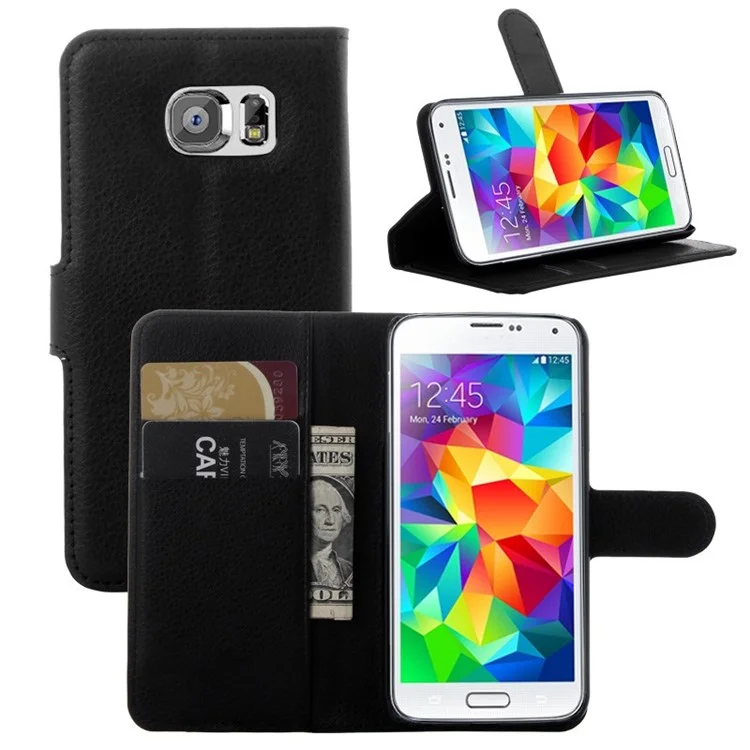 Litchi Grain Wallet Leather Cover for Samsung Galaxy S6 with Stand - Black-Cellmalls