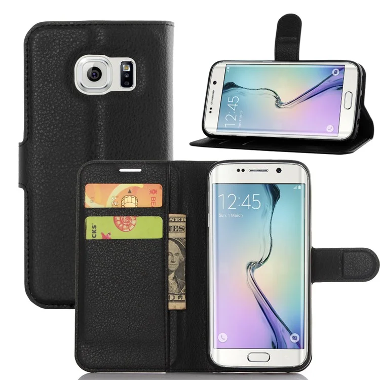 Litchi Skin Wallet Stand Leather Phone Cover for Samsung Galaxy S7 Edge Mobile Phone Accessories - Black-Cellmalls