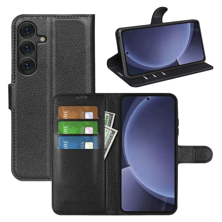 For Samsung Galaxy S25+ Case Litchi Texture Shockproof Leather Wallet Phone Cover - Black-Cellmalls