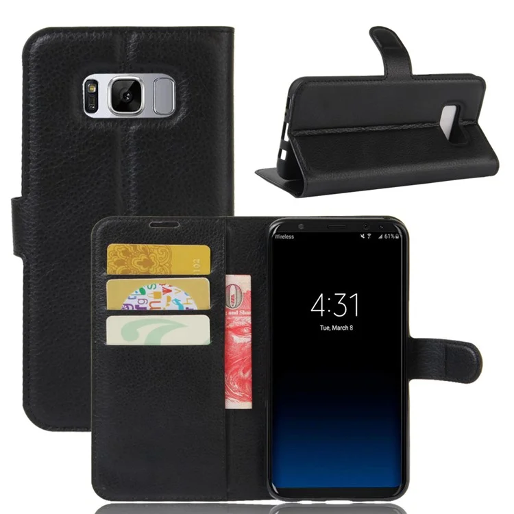 For Samsung Galaxy S8 Plus Lychee Litchi Skin Wallet Leather Stand Case with Magnetic Clasp Closure - Black-Cellmalls