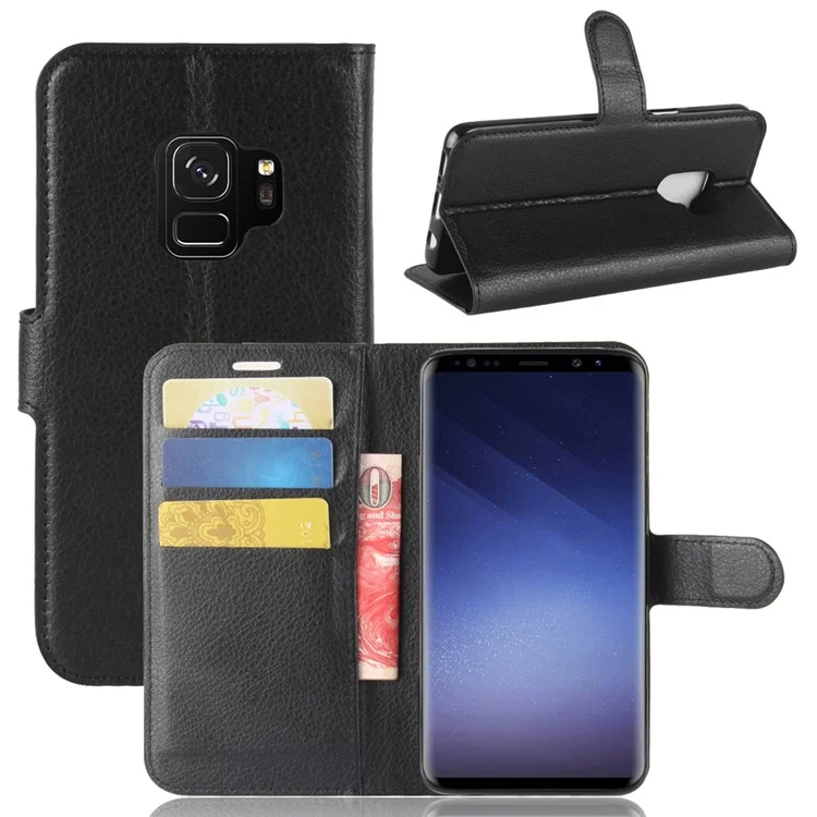 For Samsung Galaxy S9 G960 Litchi Skin PU Leather Wallet Stand Mobile Phone Cover - Black-Cellmalls