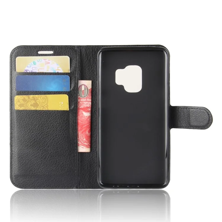 For Samsung Galaxy S9 G960 Litchi Skin PU Leather Wallet Stand Mobile Phone Cover - Black-Cellmalls