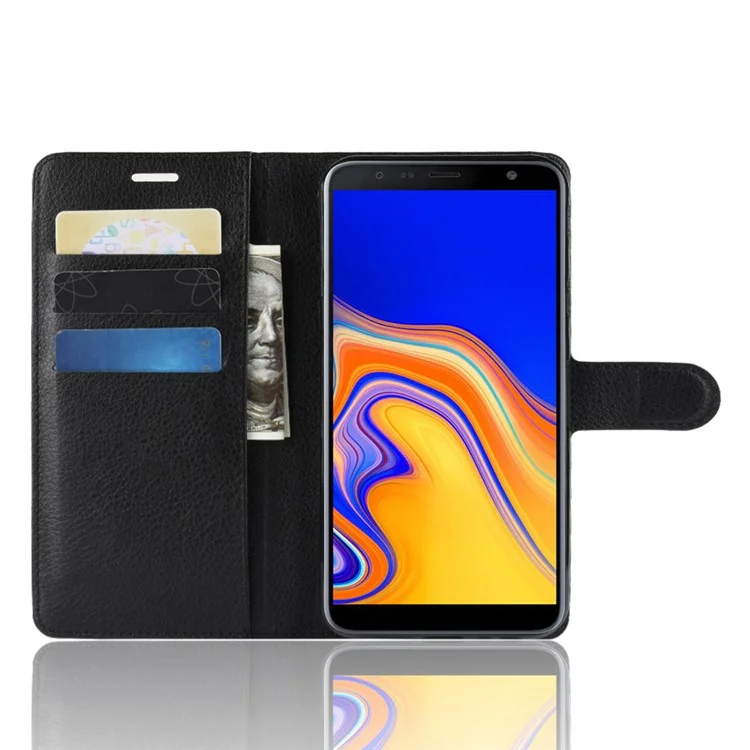Litchi Skin Wallet Leather Stand Case for Samsung Galaxy J4+ - Black-Cellmalls