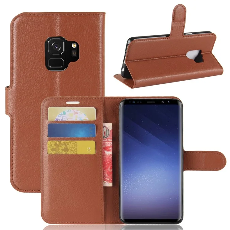 For Samsung Galaxy S9 G960 Litchi Skin PU Leather Wallet Stand Mobile Phone Cover - Black-Cellmalls