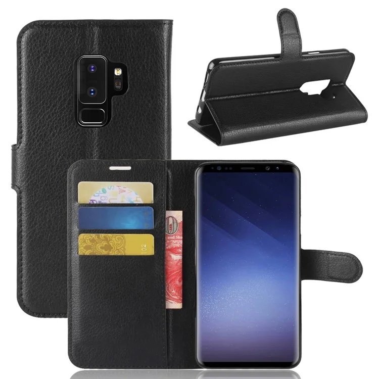 Litchi Skin Magnetic Leather Stand Cover for Samsung Galaxy S9+ G965 Wallet Design Phone Case - Black-Cellmalls
