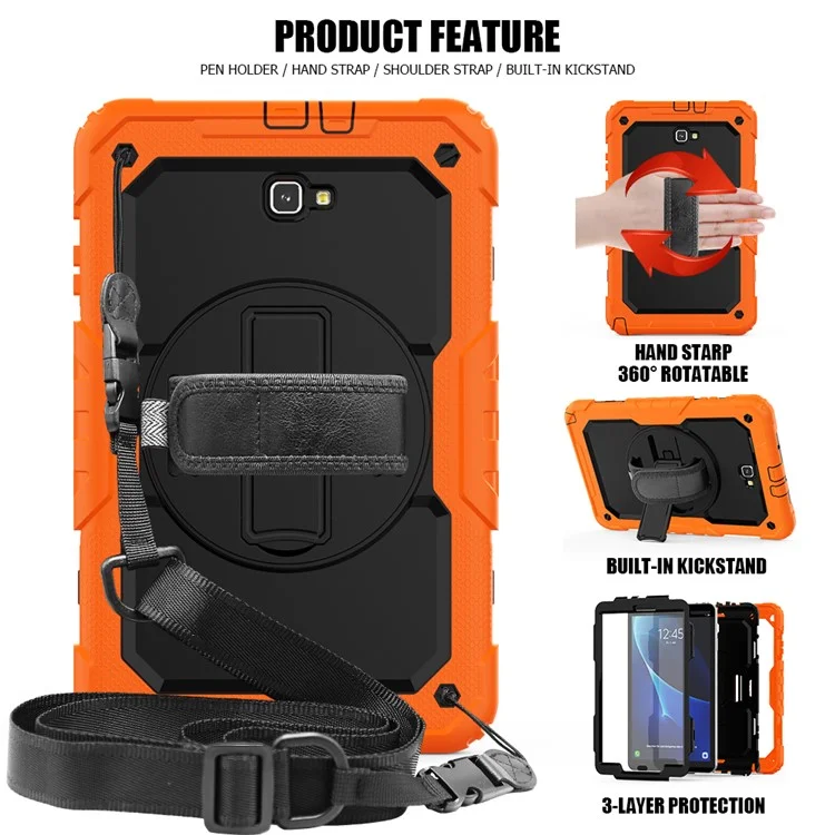 Handy Strap PC Silicone Kickstand Case with Shoulder Strap + Screen Protector for Samsung Galaxy Tab A 10.1 (2016) T580 - Orange/Black-Cellmalls