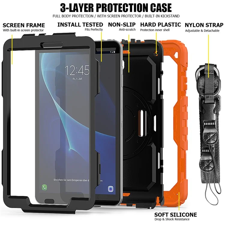 Handy Strap PC Silicone Kickstand Case with Shoulder Strap + Screen Protector for Samsung Galaxy Tab A 10.1 (2016) T580 - Orange/Black-Cellmalls