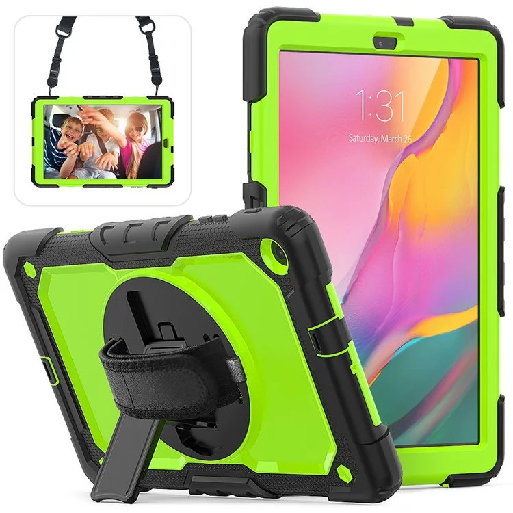 PC Silicone Kickstand Case with Strap Screen Protector for Samsung Galaxy Tab A 10.1 (2019) SM-T510/T515 - Orange/Black-Cellmalls