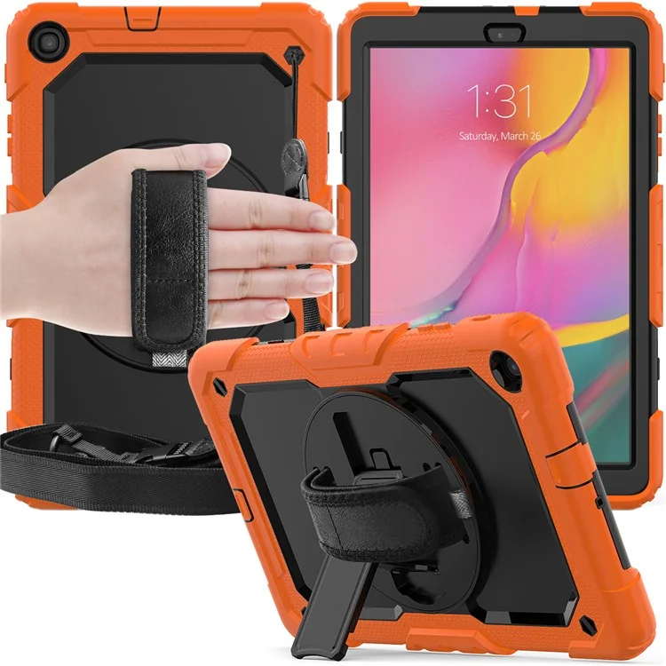 PC Silicone Kickstand Case with Strap Screen Protector for Samsung Galaxy Tab A 10.1 (2019) SM-T510/T515 - Orange/Black-Cellmalls