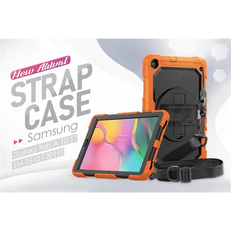 PC Silicone Kickstand Case with Strap Screen Protector for Samsung Galaxy Tab A 10.1 (2019) SM-T510/T515 - Orange/Black-Cellmalls