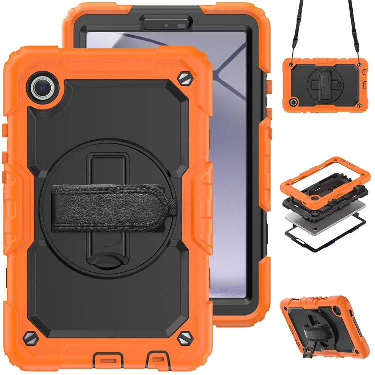 For Samsung Galaxy Tab A9 SM-X110 SM-X115 Kickstand Cover PC + Silicone Tablet Case with Shoulder Strap - Black+Orange-Cellmalls