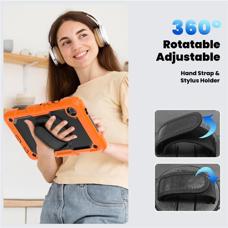For Samsung Galaxy Tab A9 SM-X110 SM-X115 Kickstand Cover PC + Silicone Tablet Case with Shoulder Strap - Black+Orange-Cellmalls