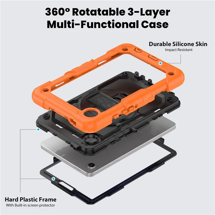 For Samsung Galaxy Tab A9 SM-X110 SM-X115 Kickstand Cover PC + Silicone Tablet Case with Shoulder Strap - Black+Orange-Cellmalls
