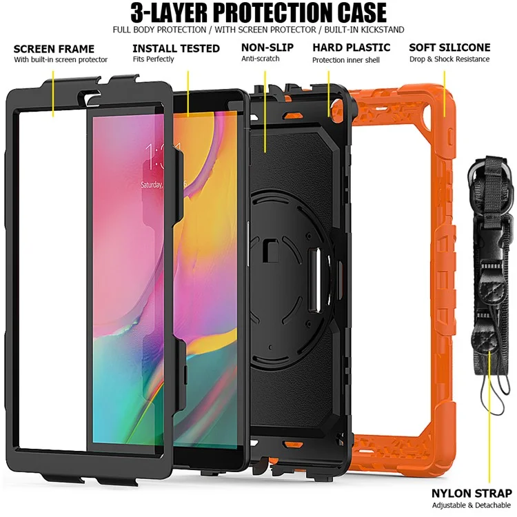 PC Silicone Kickstand Case with Strap Screen Protector for Samsung Galaxy Tab A 10.1 (2019) SM-T510/T515 - Orange/Black-Cellmalls