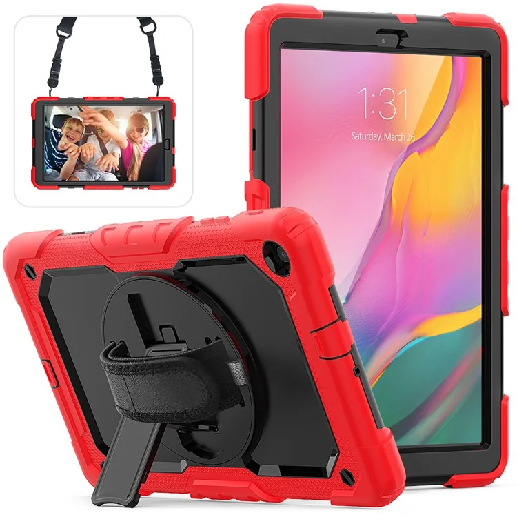 PC Silicone Kickstand Case with Strap Screen Protector for Samsung Galaxy Tab A 10.1 (2019) SM-T510/T515 - Orange/Black-Cellmalls