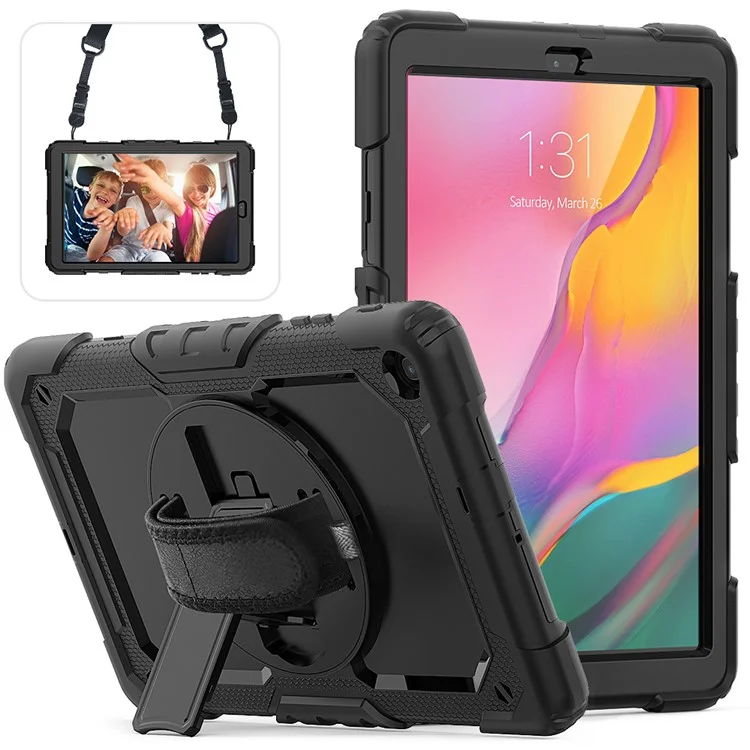 PC Silicone Kickstand Case with Strap Screen Protector for Samsung Galaxy Tab A 10.1 (2019) SM-T510/T515 - Orange/Black-Cellmalls