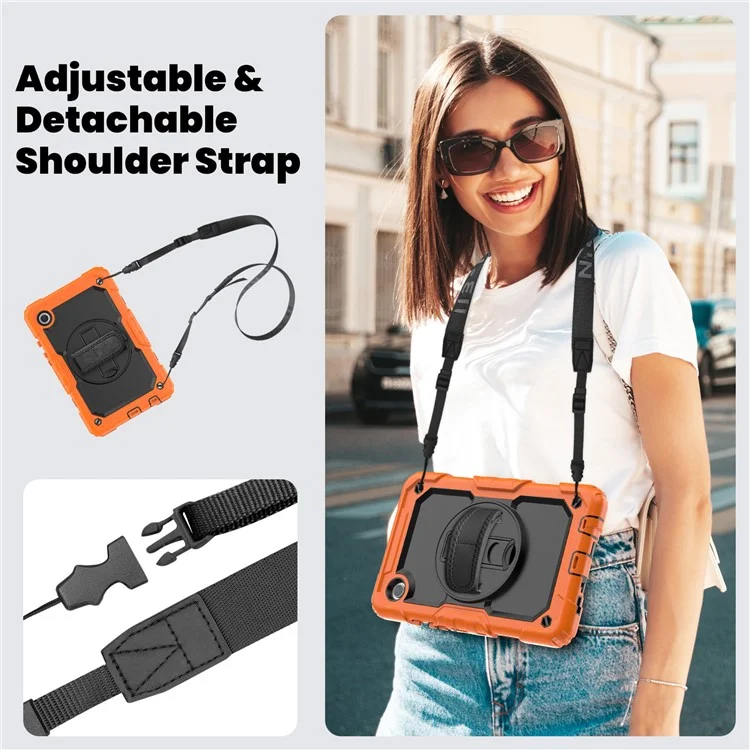 For Samsung Galaxy Tab A9 SM-X110 SM-X115 Kickstand Cover PC + Silicone Tablet Case with Shoulder Strap - Black+Orange-Cellmalls
