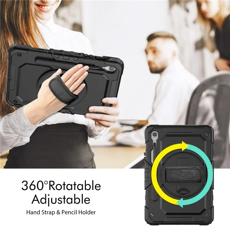 For Samsung Galaxy Tab S10 FE / S9 FE SM-X510 SM-X516B PC+Silicone Kickstand Tablet Cover with Hand Strap - Black+Black-Cellmalls
