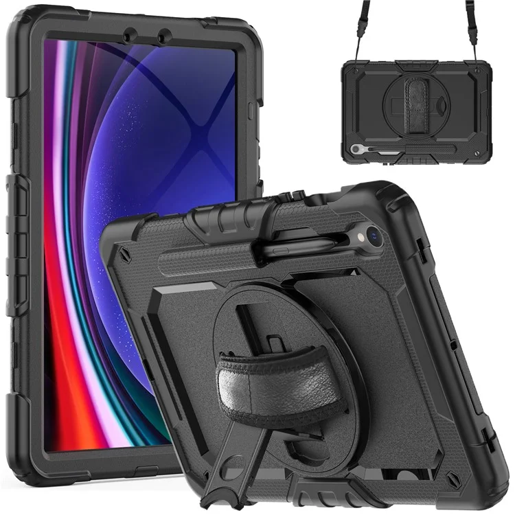 For Samsung Galaxy Tab S10 FE / S9 FE SM-X510 SM-X516B PC+Silicone Kickstand Tablet Cover with Hand Strap - Black+Black-Cellmalls