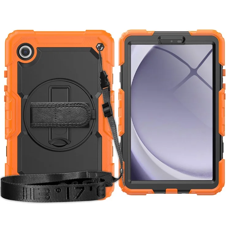 For Samsung Galaxy Tab A9 SM-X110 SM-X115 Kickstand Cover PC + Silicone Tablet Case with Shoulder Strap - Black+Orange-Cellmalls