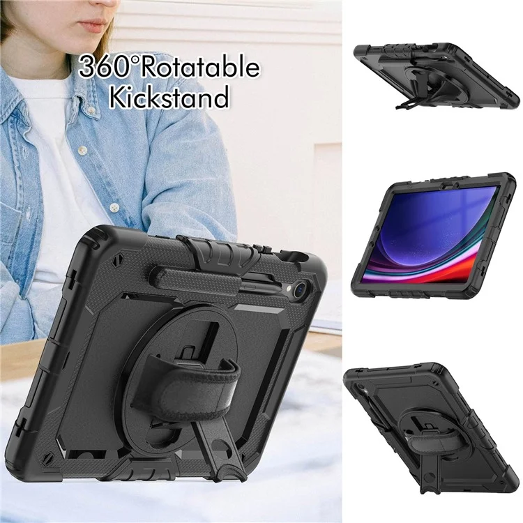 For Samsung Galaxy Tab S10 FE / S9 FE SM-X510 SM-X516B PC+Silicone Kickstand Tablet Cover with Hand Strap - Black+Black-Cellmalls
