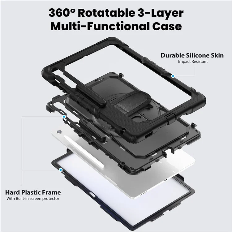 For Samsung Galaxy Tab S10 FE+ SM-X620  /  X626B Case PC + Silicone Tablet Cover with PET Anti-Scratch Film and Shoulder Strap - Black-Cellmalls