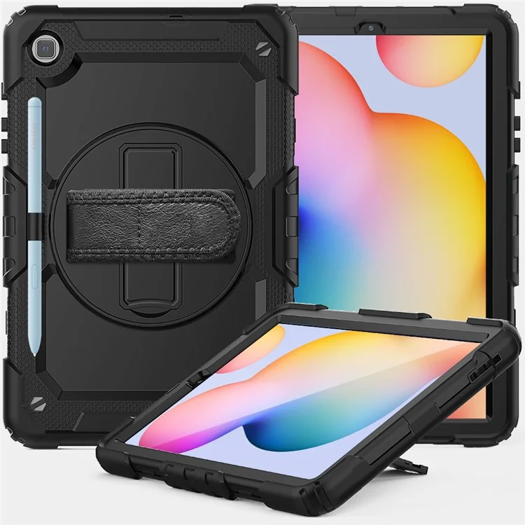For Samsung Galaxy Tab S6 Lite P610 / P615 / S6 Lite (2022) Rotary Kickstand Hand Strap PC + Thickened Silicone Tablet Case with Shoulder Strap - All Black-Cellmalls