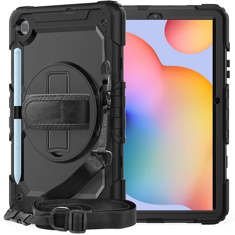 For Samsung Galaxy Tab S6 Lite P610 / P615 / S6 Lite (2022) Rotary Kickstand Hand Strap PC + Thickened Silicone Tablet Case with Shoulder Strap - All Black-Cellmalls